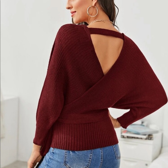 Knit v neck wrap sweater surplice belted burgundy - Picture 2 of 8